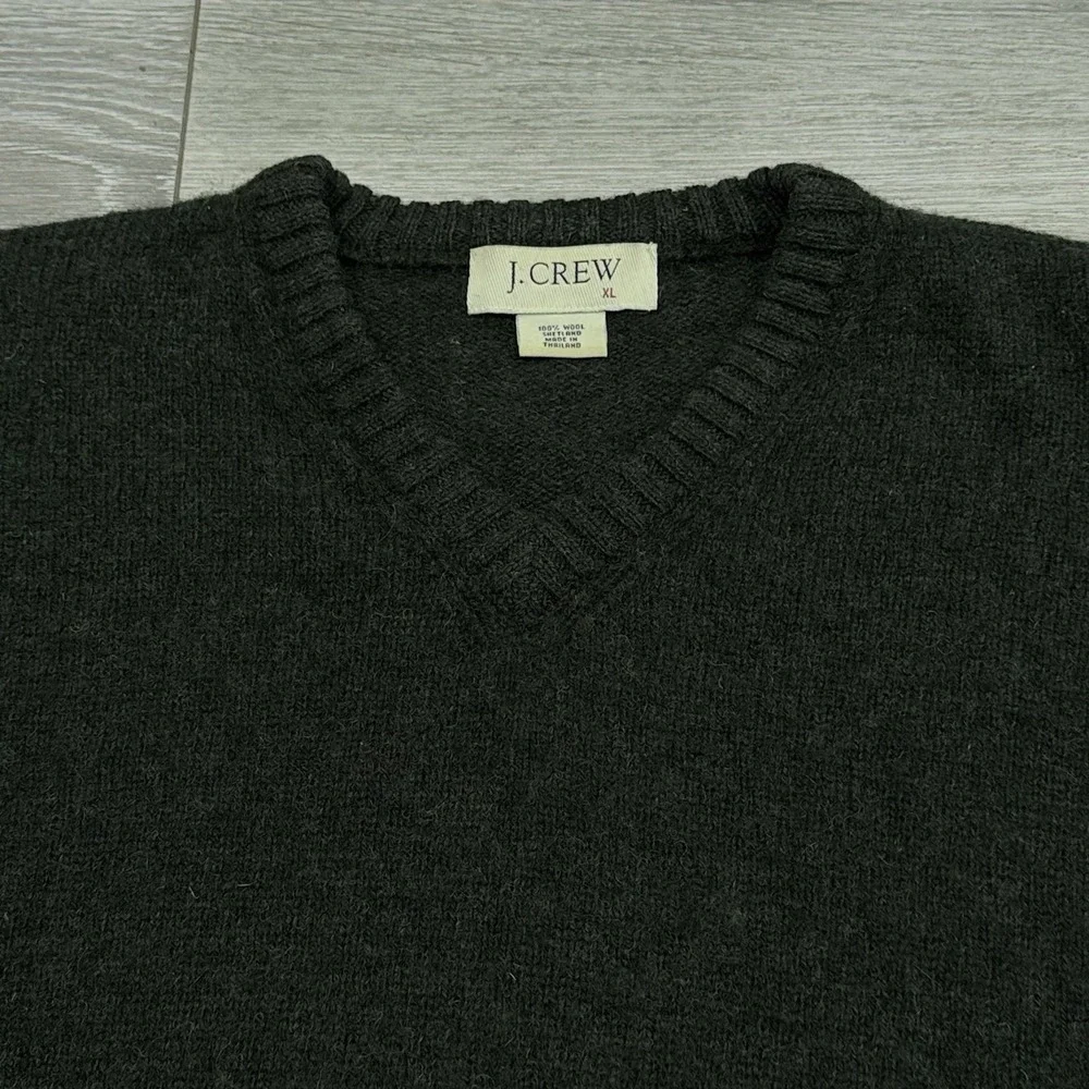 Vintage J.Crew Mens XL 100% Shetland Wool V-Neck Sweater Dark Heather Green